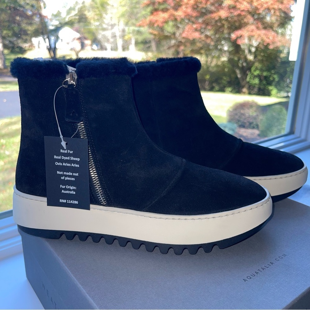 AQUATALIA Alison Black Suede Shearling Trim Sneaker Boot NIB 10 European Italy